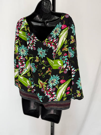 Prada 2010's Silk Black w Pink Blue Green Floral 3/4 Sleeve Blouse