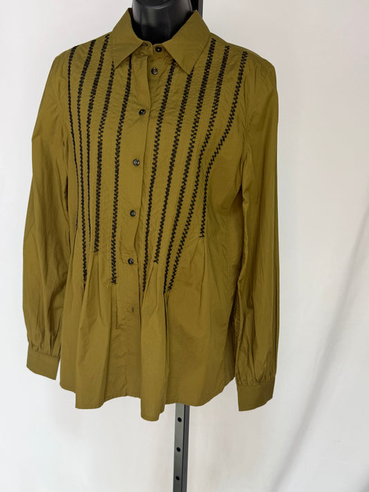 Merlette Cotton Army Green Long Sleeve Button Down Blouse w/ Black Stitched Stripes