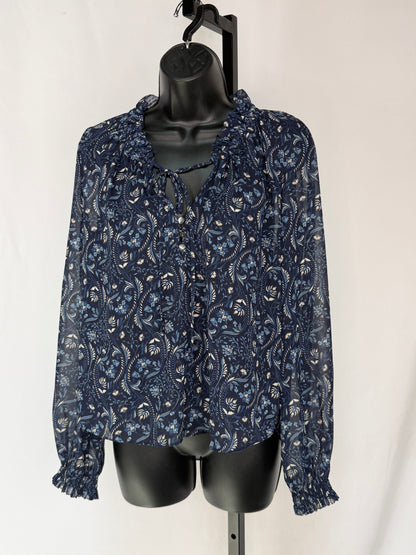 Veronica Beard Navy Floral Ruffle Tie Neck Long Sleeve Blouse w Cami