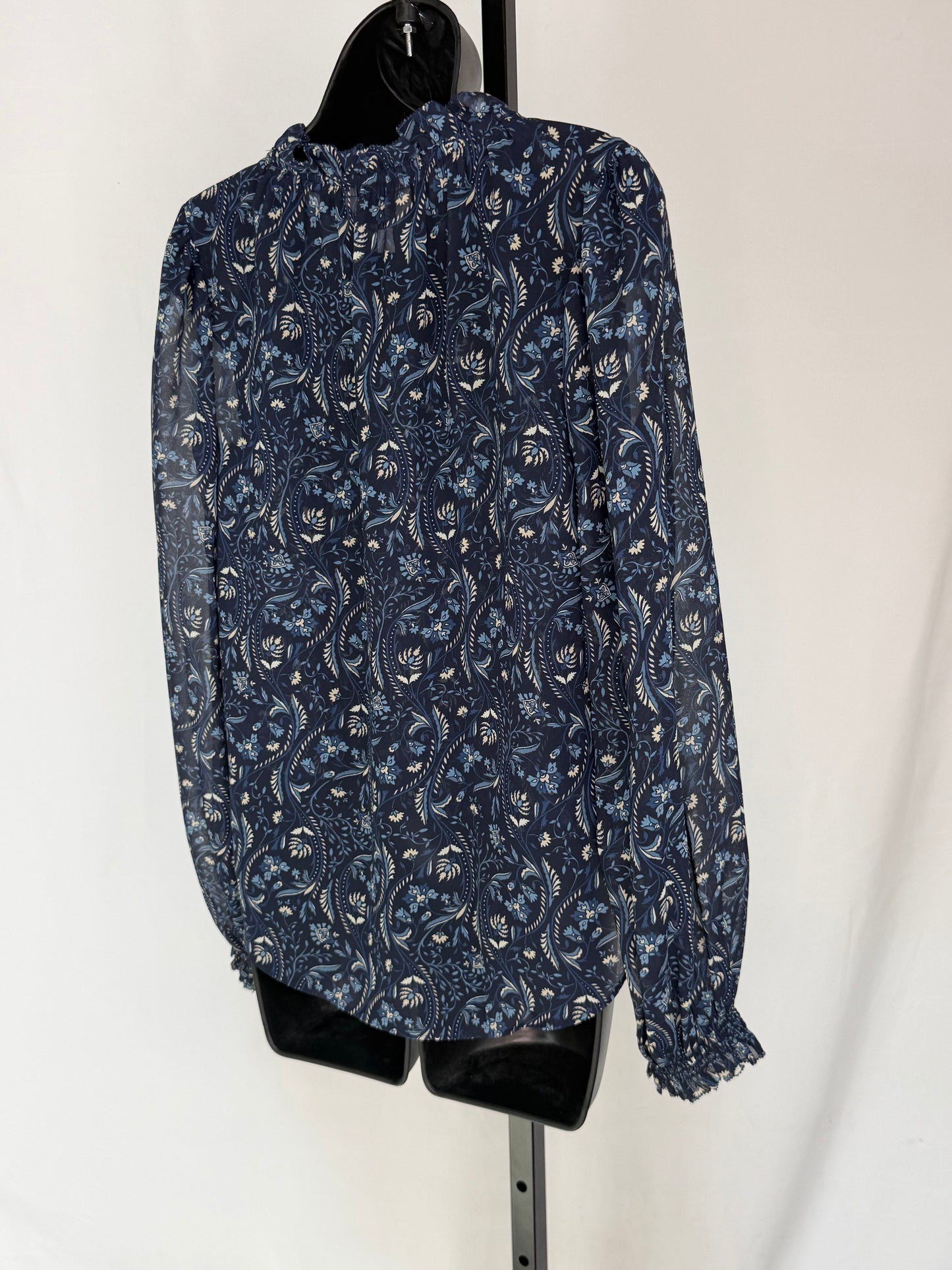 Veronica Beard Navy Floral Ruffle Tie Neck Long Sleeve Blouse w Cami