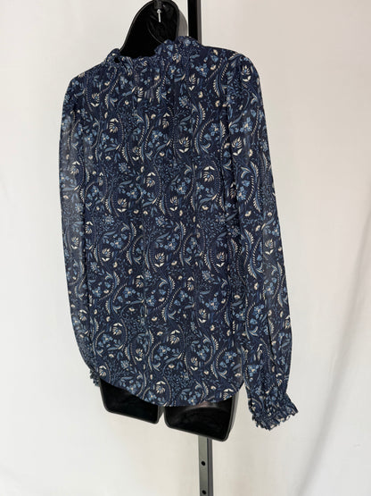 Veronica Beard Navy Floral Ruffle Tie Neck Long Sleeve Blouse w Cami