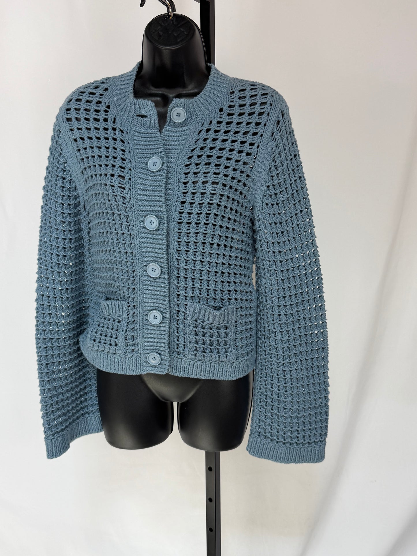 Dorothee Schumacher Knit Dusty Blue Crochet Button Up Cardigan NWT
