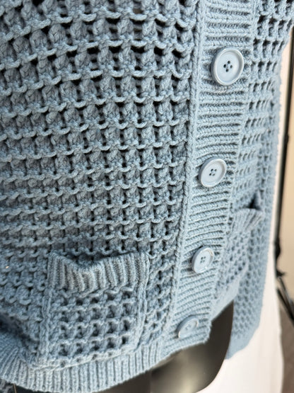 Dorothee Schumacher Knit Dusty Blue Crochet Button Up Cardigan NWT