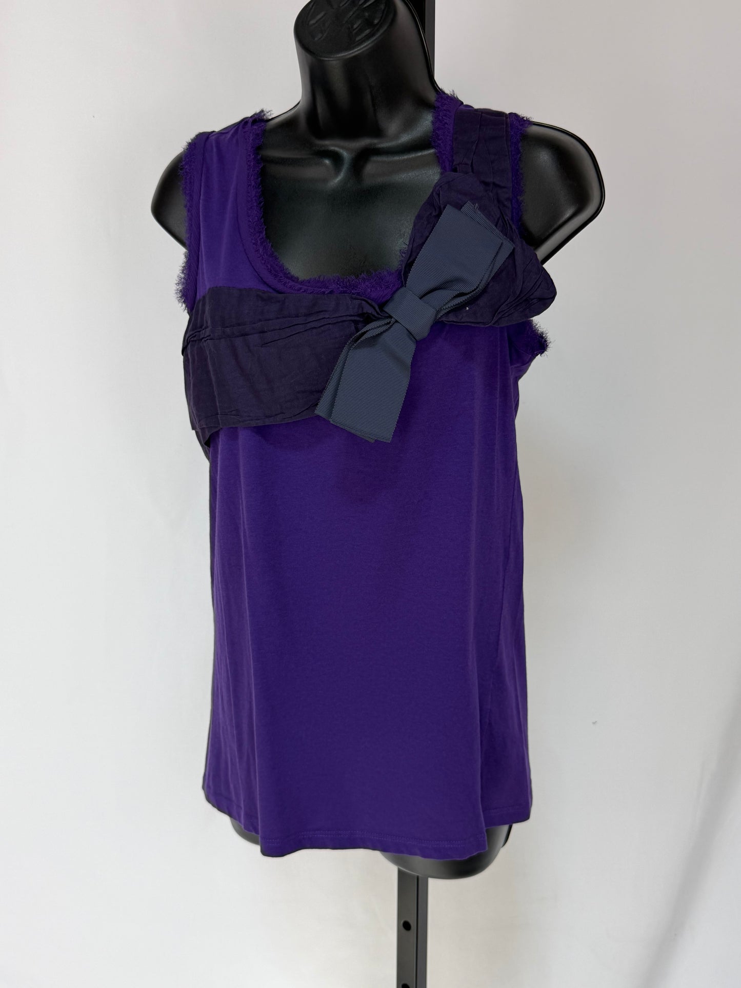 Lanvin Purple Pleated Black Bow Detail Tank Top