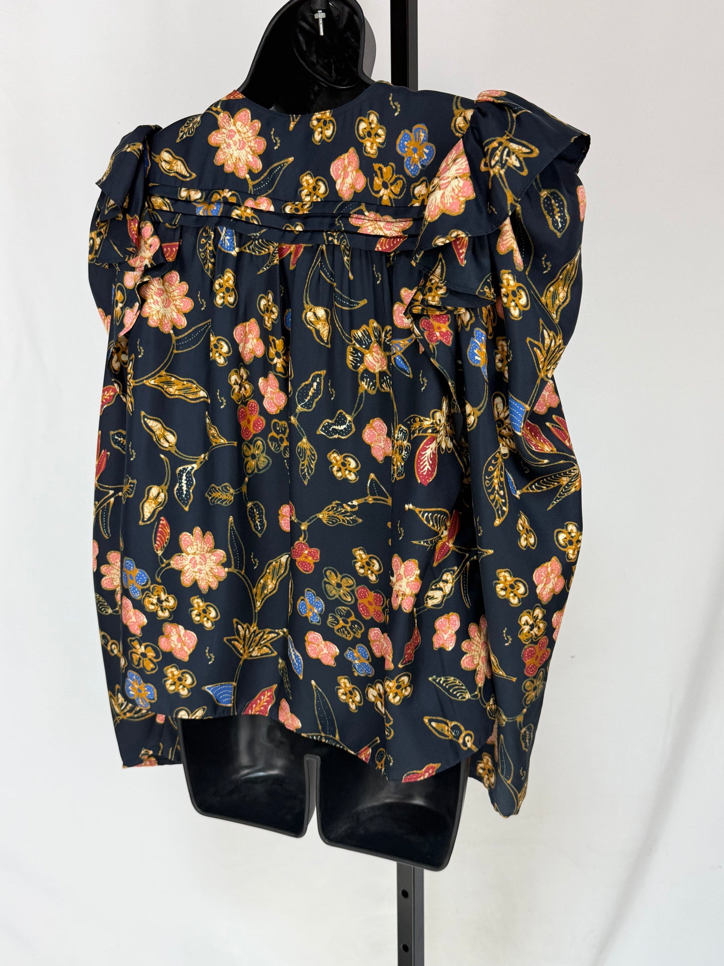 Ulla Johnson Silk Navy Orange Green Stripe Pleated V-Tie Neck Long Sleeve Blouse