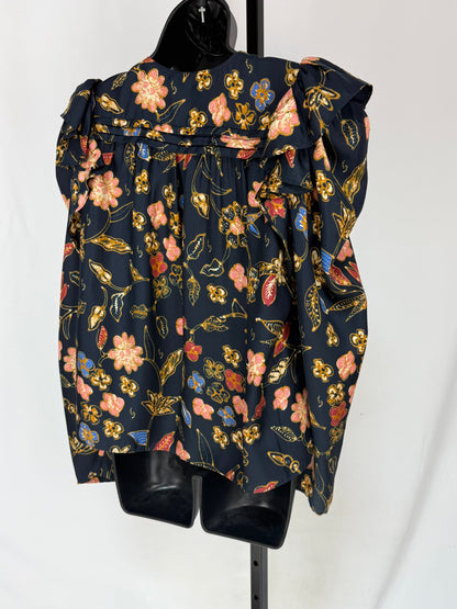 Ulla Johnson Silk Navy Orange Green Stripe Pleated V-Tie Neck Long Sleeve Blouse
