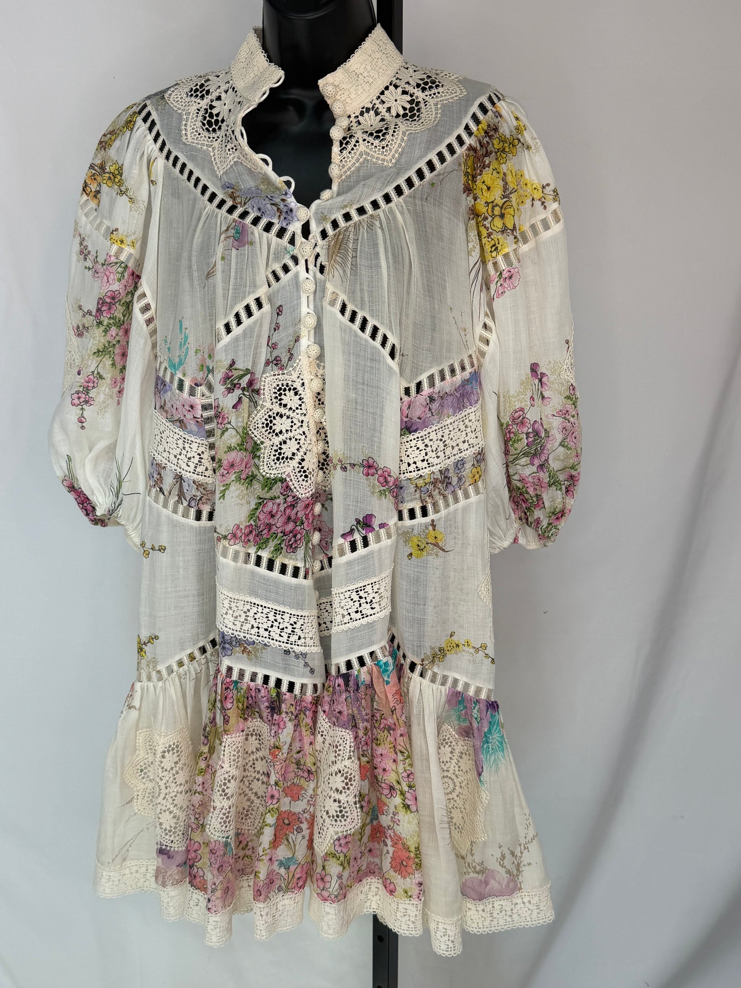Zimmermann White Multi Floral Lace Cut-Out Long Sleeve Button Knee-Length Dress