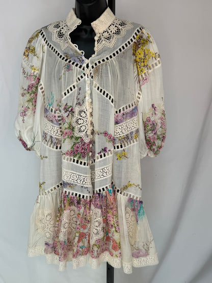 Zimmermann White Multi Floral Lace Cut-Out Long Sleeve Button Knee-Length Dress