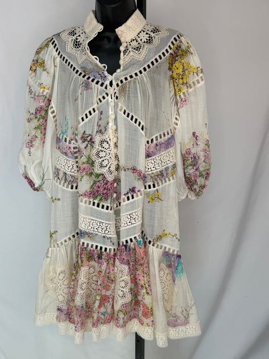 Zimmermann White Multi Floral Lace Cut-Out Long Sleeve Button Knee-Length Dress