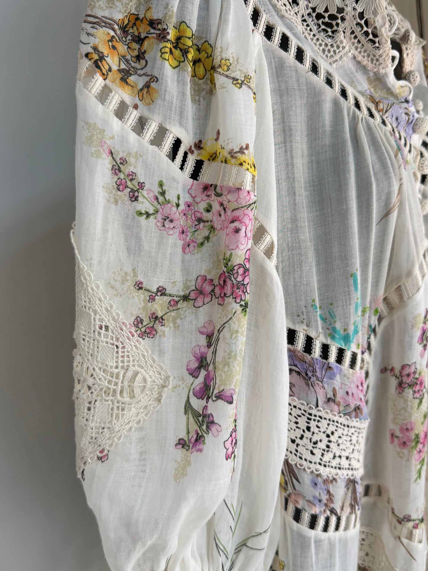 Zimmermann White Multi Floral Lace Cut-Out Long Sleeve Button Knee-Length Dress
