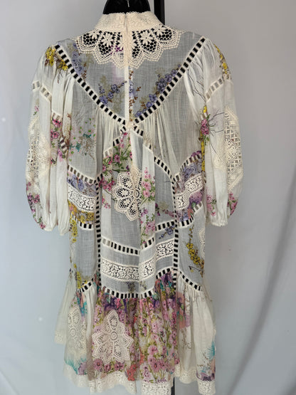 Zimmermann White Multi Floral Lace Cut-Out Long Sleeve Button Knee-Length Dress
