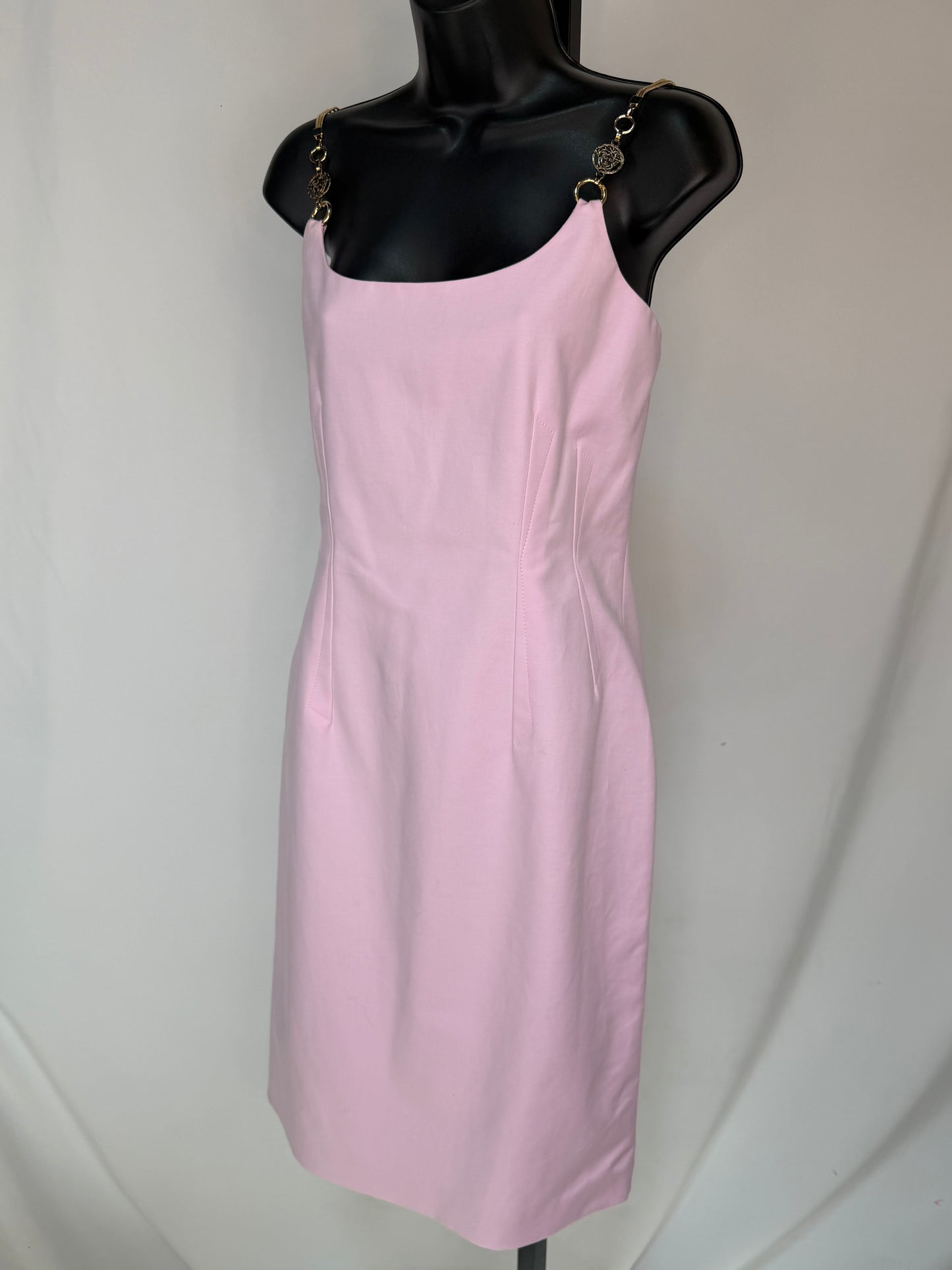 Versace Light Pink Knee Length Dress w/ Logo Chain Straps