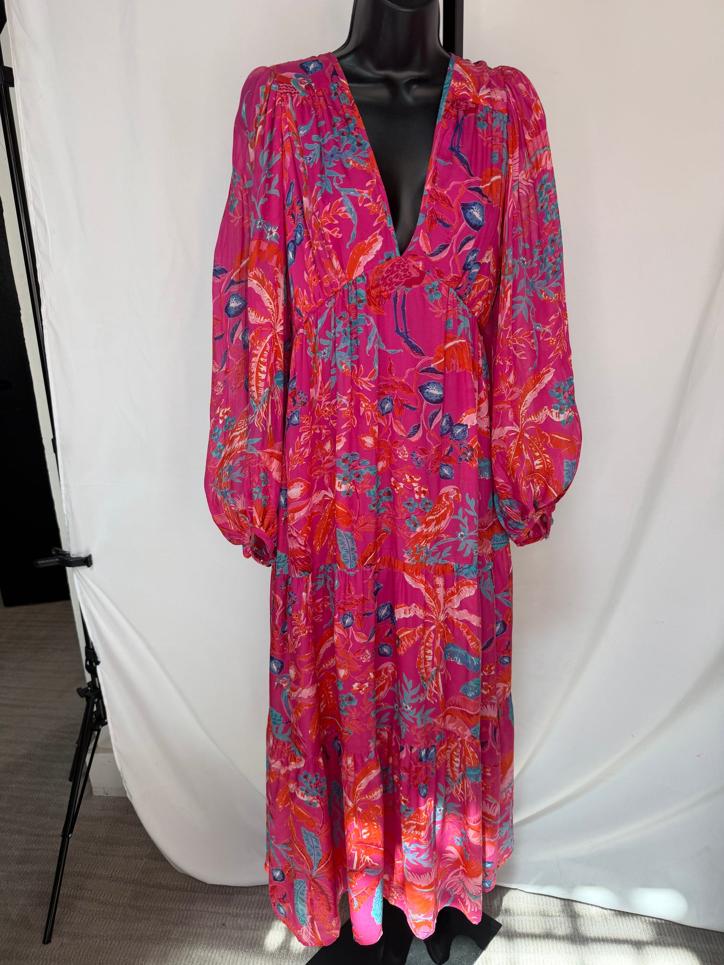 Banjanan Pink Multi Floral V-Neck Long Sleeve Midi Dress w Tie-Waist