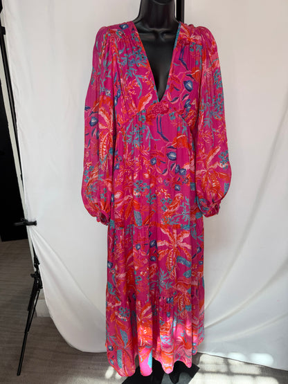 Banjanan Pink Multi Floral V-Neck Long Sleeve Midi Dress w Tie-Waist