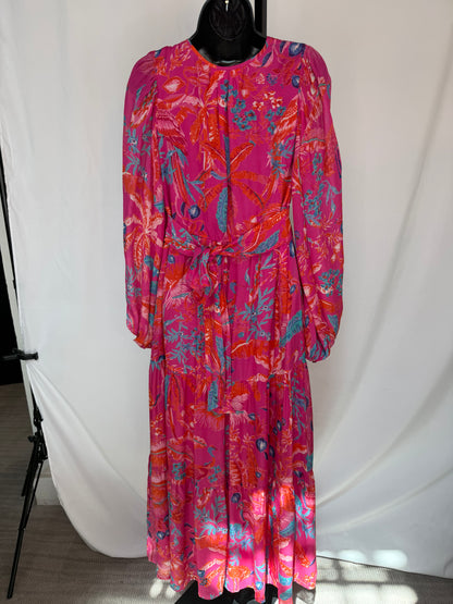 Banjanan Pink Multi Floral V-Neck Long Sleeve Midi Dress w Tie-Waist