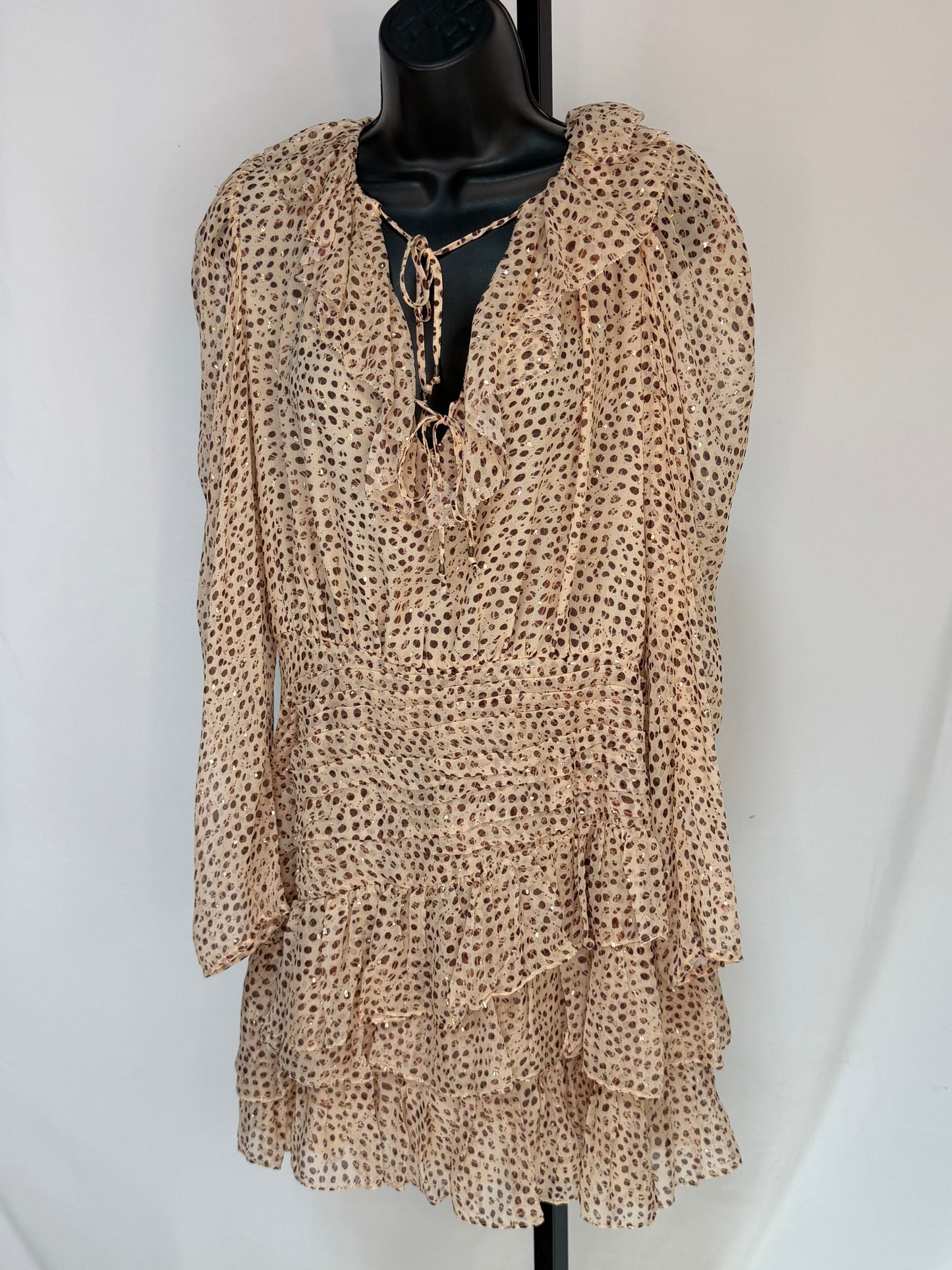 Ulla Johnson Silk Beige Brown Dot Detail Long Sleeve Pleated Ruffle Knee-Length Dress w Gold Tinsel