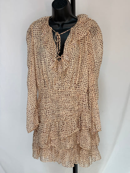 Ulla Johnson Silk Beige Brown Dot Detail Long Sleeve Pleated Ruffle Knee-Length Dress w Gold Tinsel