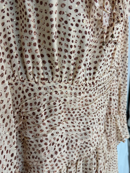 Ulla Johnson Silk Beige Brown Dot Detail Long Sleeve Pleated Ruffle Knee-Length Dress w Gold Tinsel
