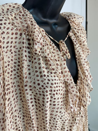 Ulla Johnson Silk Beige Brown Dot Detail Long Sleeve Pleated Ruffle Knee-Length Dress w Gold Tinsel