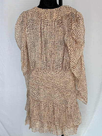 Ulla Johnson Silk Beige Brown Dot Detail Long Sleeve Pleated Ruffle Knee-Length Dress w Gold Tinsel