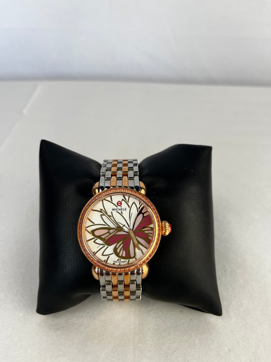 COMES WITH BOX - Michele Stainless Steel Chainlink Garden Party Rose Gold Watch w/ Butterfly