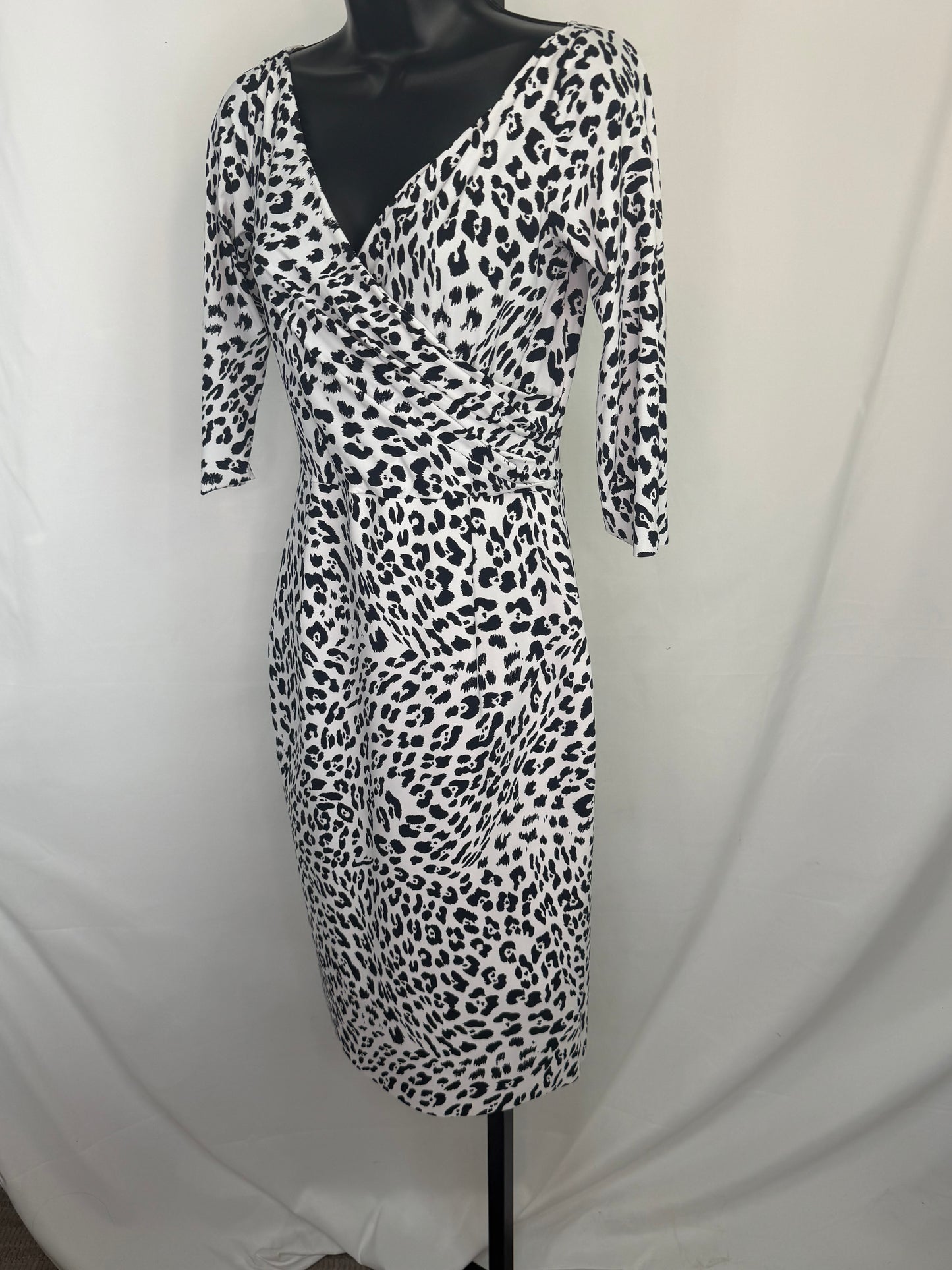 Chiara Boni Black & White Leopard Print 1/2 Sleeve Fitted Knee-Length Dress NWT