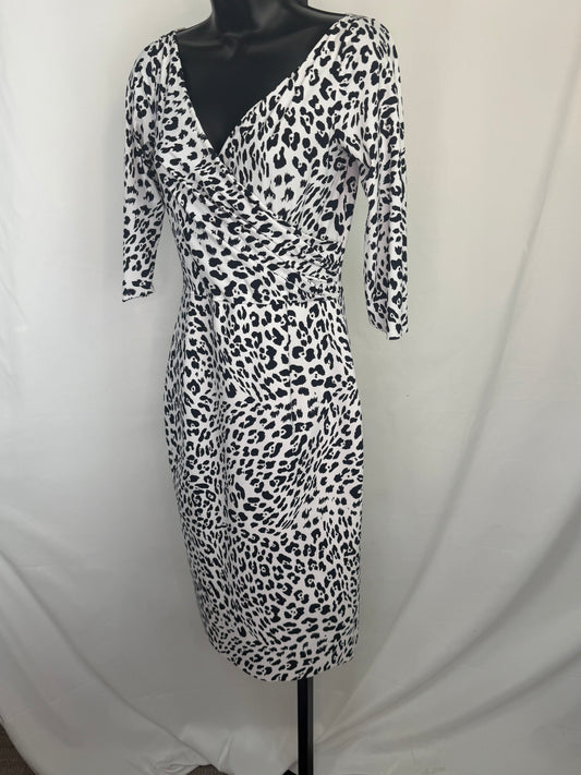 Chiara Boni Black & White Leopard Print 1/2 Sleeve Fitted Knee-Length Dress NWT