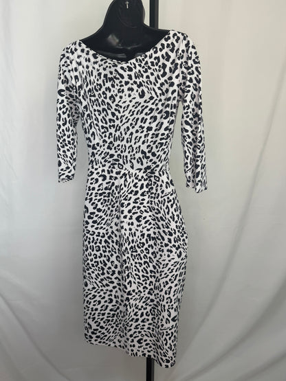 Chiara Boni Black & White Leopard Print 1/2 Sleeve Fitted Knee-Length Dress NWT