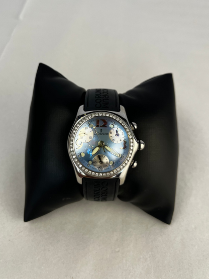 Corum Silver Toned Stainless Steel Blue Face Black Band Diamond Bezel Bubble Watch