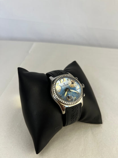 Corum Silver Toned Stainless Steel Blue Face Black Band Diamond Bezel Bubble Watch