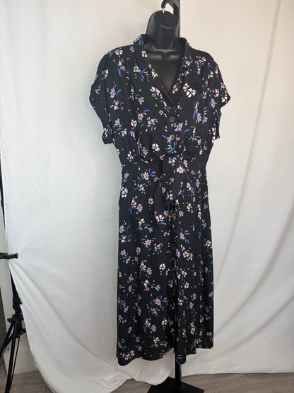 Veronica Beard Black Purple Floral Short Sleeve Button Ruffle Midi Dress