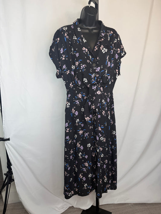 Veronica Beard Black Purple Floral Short Sleeve Button Ruffle Midi Dress