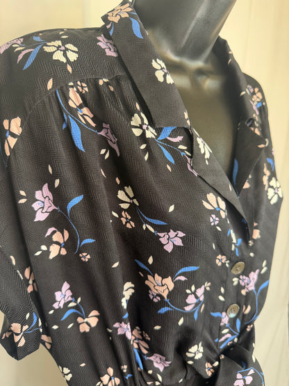 Veronica Beard Black Purple Floral Short Sleeve Button Ruffle Midi Dress