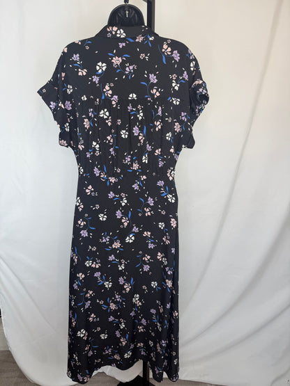 Veronica Beard Black Purple Floral Short Sleeve Button Ruffle Midi Dress