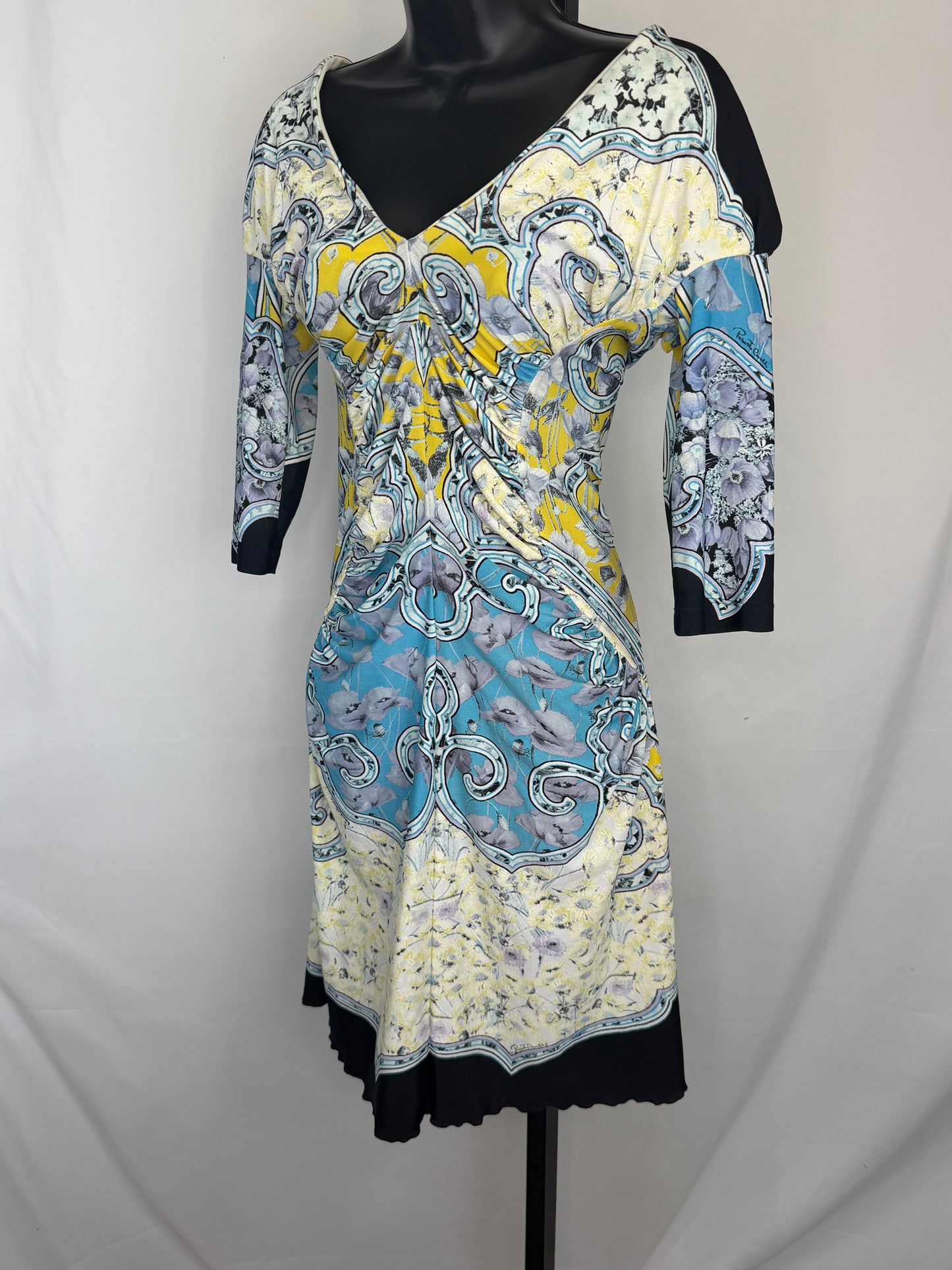 Roberto Cavalli Light Blue Yellow Print V-Neck 1/2 Sleeve Fit & Flare Knee-Length Dress