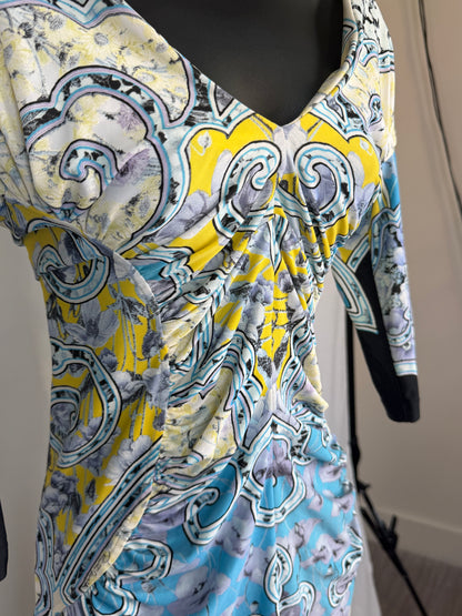 Roberto Cavalli Light Blue Yellow Print V-Neck 1/2 Sleeve Fit & Flare Knee-Length Dress
