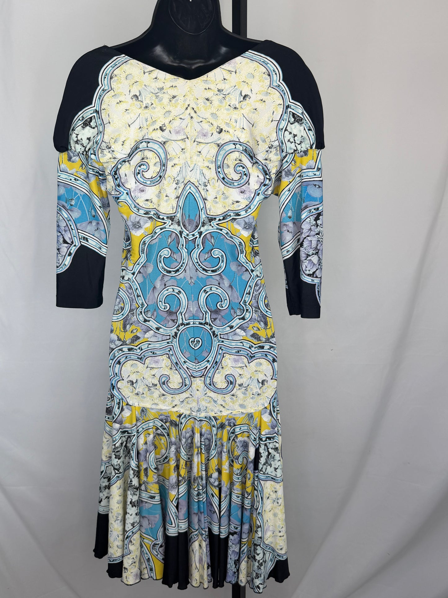 Roberto Cavalli Light Blue Yellow Print V-Neck 1/2 Sleeve Fit & Flare Knee-Length Dress