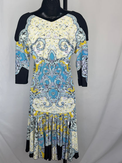 Roberto Cavalli Light Blue Yellow Print V-Neck 1/2 Sleeve Fit & Flare Knee-Length Dress