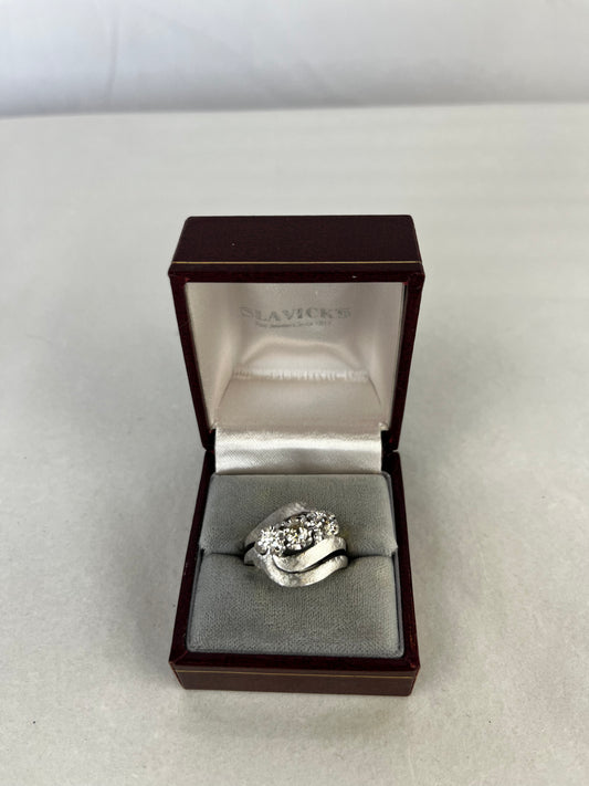 W BOX- 14K White Gold Triple "Forever Wave"  Engagement Ring w Three Round Diamonds