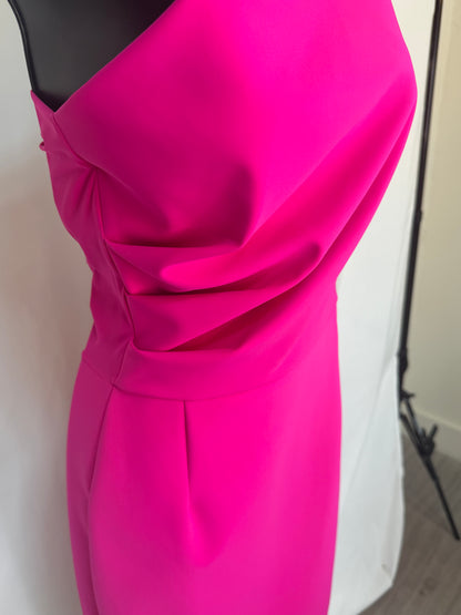Chiara Boni Hot Pink "Angelina" One Shoulder Side Ruching Midi Dress NWT