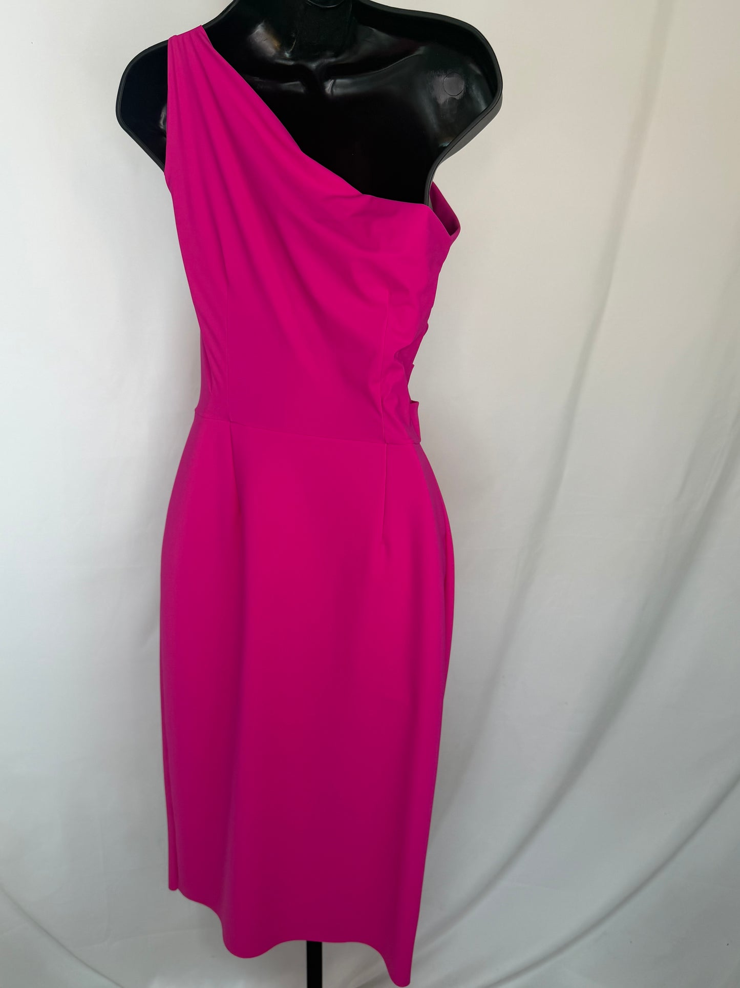 Chiara Boni Hot Pink "Angelina" One Shoulder Side Ruching Midi Dress NWT