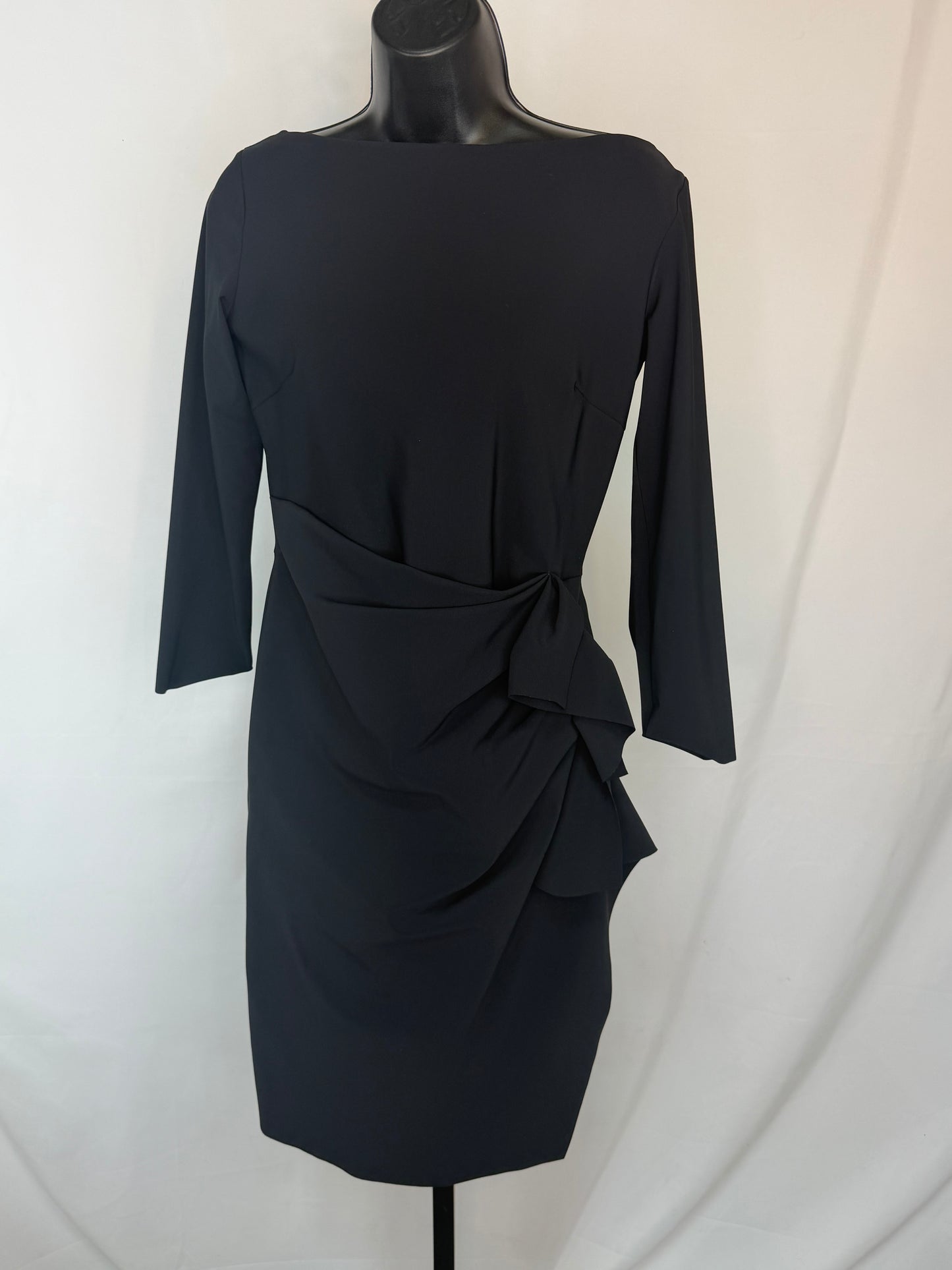 Chiara Boni Black High-Neck 3/4 Sleeve Side Ruffle Fitted Midi Dress
