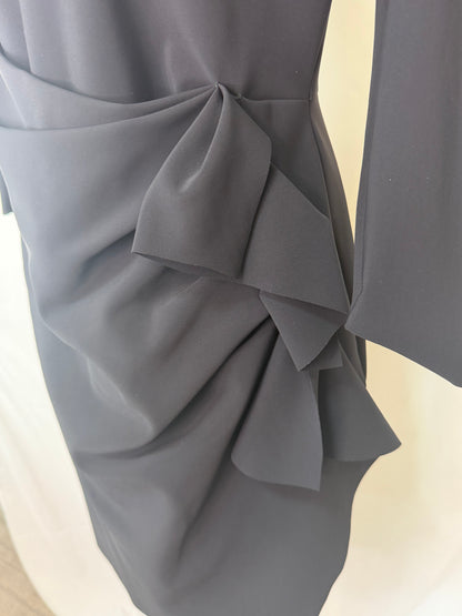 Chiara Boni Black High-Neck 3/4 Sleeve Side Ruffle Fitted Midi Dress