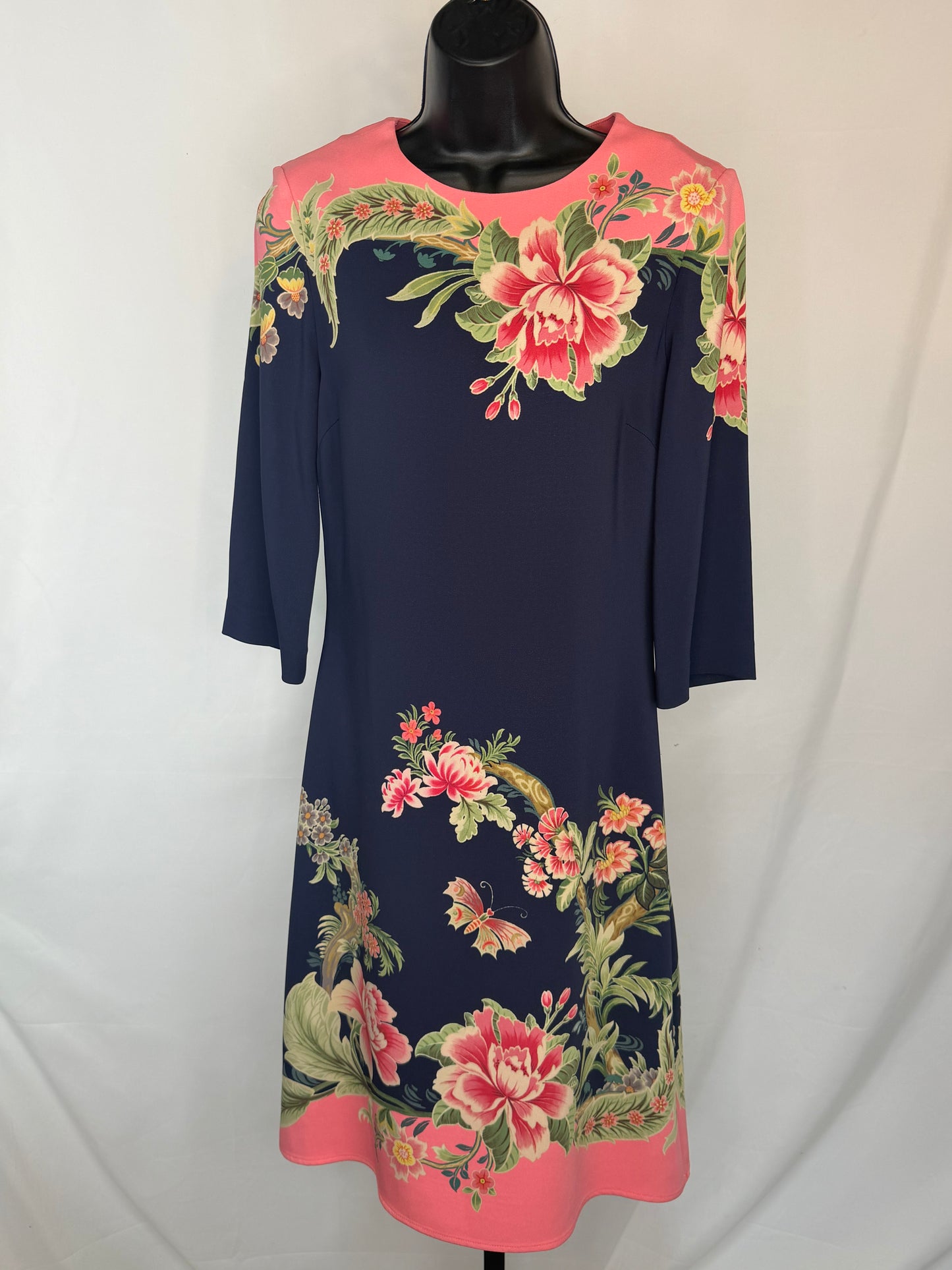 Etro Pink & Navy Floral Long Sleeve Midi Dress