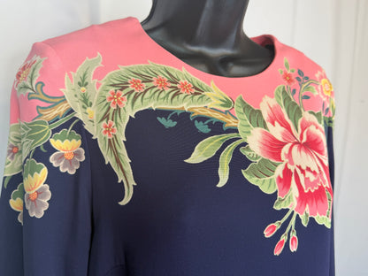Etro Pink & Navy Floral Long Sleeve Midi Dress