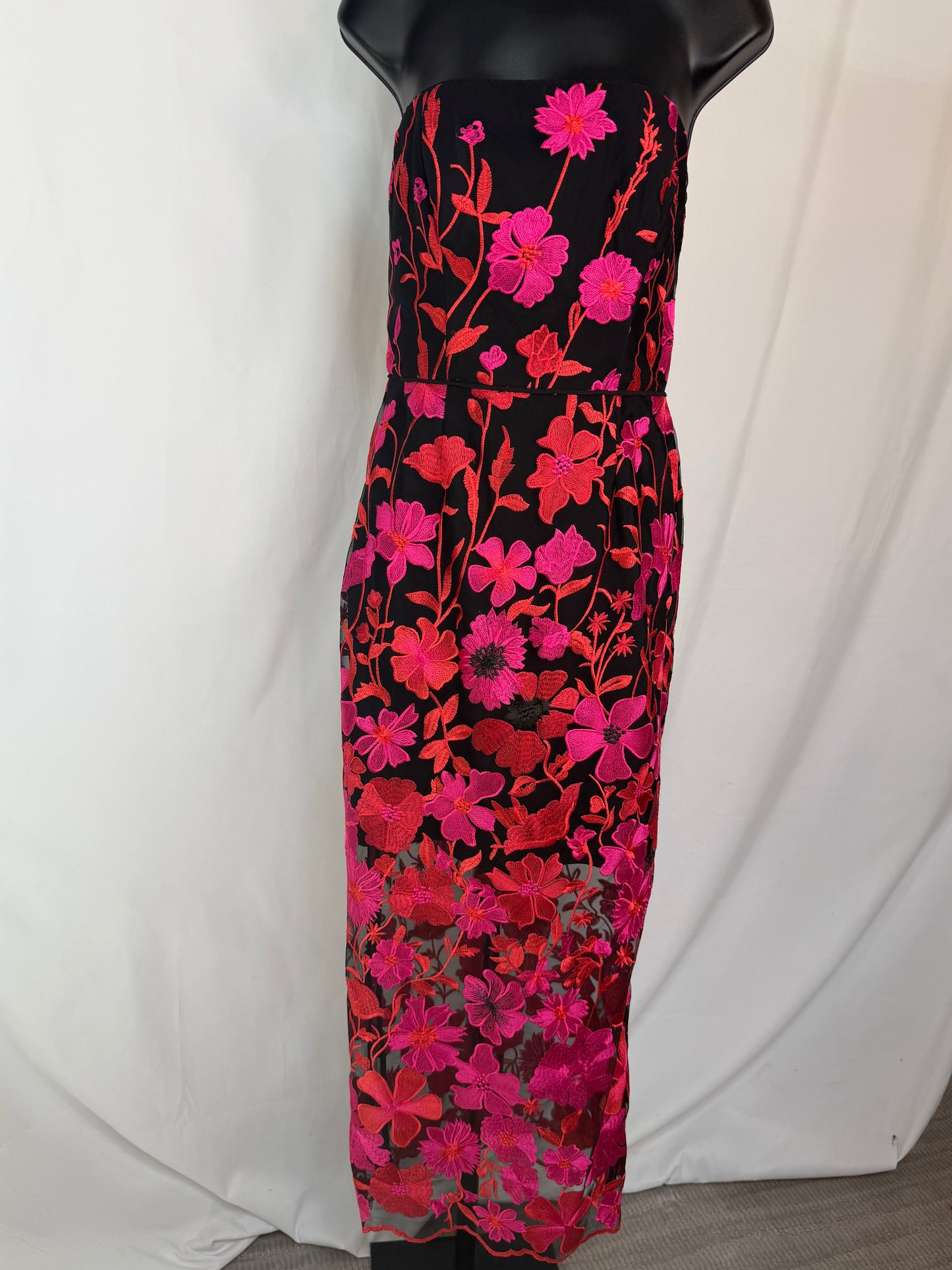 Milly Black w/ Red & Pink Embroidered Flowers Strapless Midi Dress NWT
