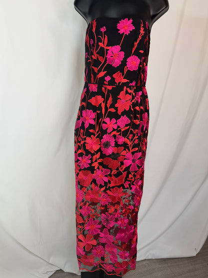 Milly Black w/ Red & Pink Embroidered Flowers Strapless Midi Dress NWT
