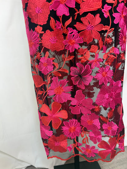 Milly Black w/ Red & Pink Embroidered Flowers Strapless Midi Dress NWT