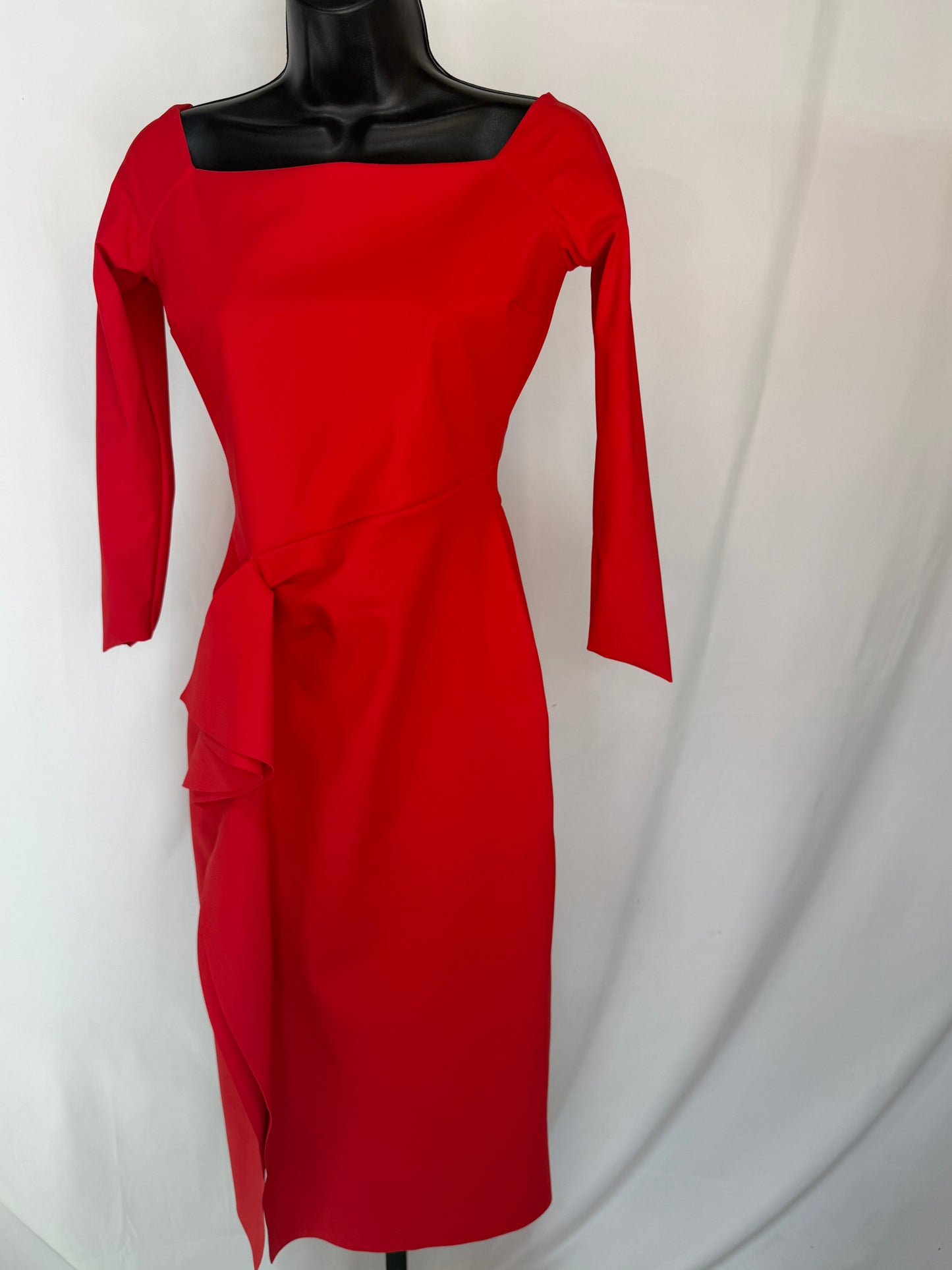 Chiara Boni Red Square Neck 3/4 Sleeve Side Bow Tie Knee-Length Dress