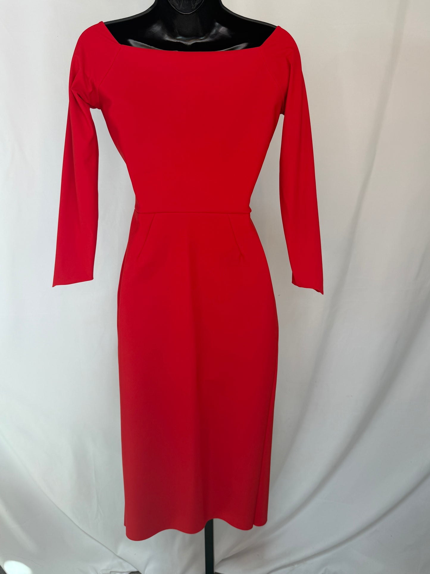 Chiara Boni Red Square Neck 3/4 Sleeve Side Bow Tie Knee-Length Dress